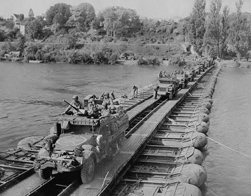 36th Infantry on bridge built by 23rd Engineers in France.